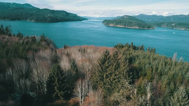 An Aerial View Of The Pacific Coast Dotted With Mountainous Islands. The Trees have lost their leaves but the evergreens provide most of the green throughout the footage.