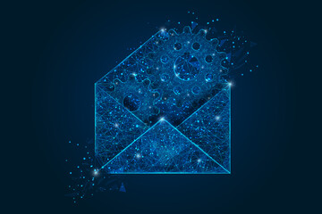 Abstract isolated image of a letter, mail or message interaction, business, connection. Polygonal illustration looks like stars in the blask night sky in spase or flying glass shards. - obrazy, fototapety, plakaty