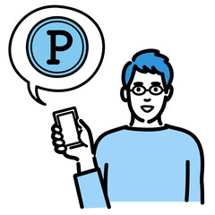 スマートフォンを持ってポイントの説明をしているメガネをかけた若い男性
