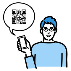 スマートフォンを持ってQRコードの説明をしているメガネをかけた若い男性
