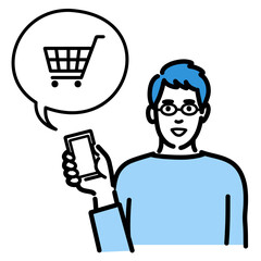 スマートフォンを持ってショッピングの説明をしているメガネをかけた若い男性
