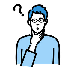 顎に手をあてて考えているメガネをかけた若い男性
