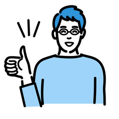 笑顔で親指を立てているメガネをかけた若い男性
