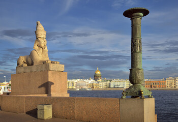 Sphinx on the Neva. Column on the granite parapet of the University embankment
