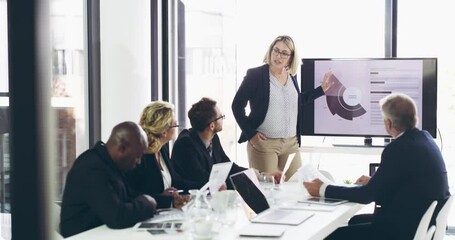 Steering her team to excellence. Female coach, leader giving business presentation to group, talking strategy at conference. Business woman training diverse team in modern office boardroom seminar