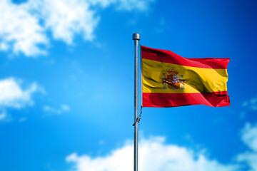 Flag of Spain on the wind against blue sky