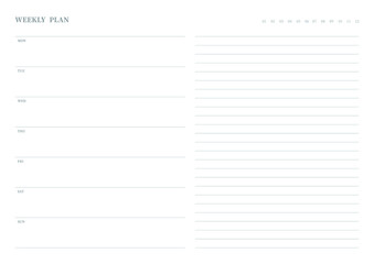 Note, scheduler, diary, calendar planner document template illustration. Weekly plan form.