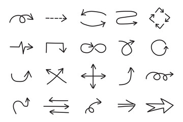 Different arrow icon set. Hand sketch. Cartoon design. Simple style. Outline drawing. Vector illustration. Stock image.