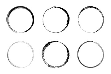 Ink circle icon. Grunge round frame. Abstract texture. Design element. Hand drawn. Vector illustration. Stock image. 