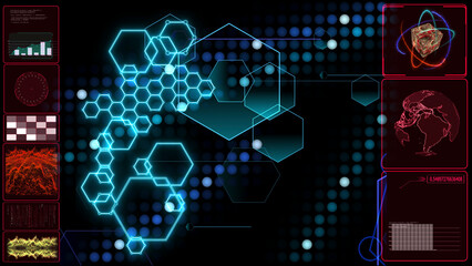 digital hexagon circuit wire protection and ball light motion background on red monitor