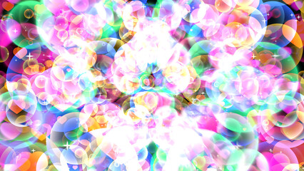 Fototapeta na wymiar Rainbow reflection bubbles with hearts floating on black background