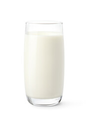 A glass of fresh milk on wooden table with light blue background.
