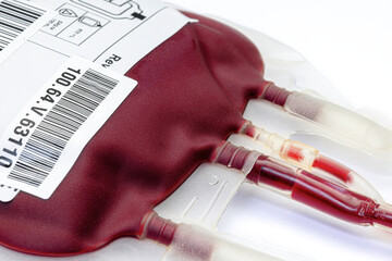 Clean bag of human blood isolated on white background. Blood donation blood transfusion concept.
