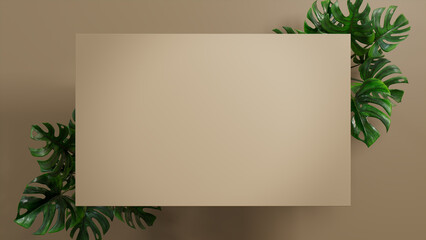 Rectangle Botanical Frame with Monstera Plant Border. Beige, Natural Design with copy space.