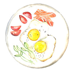 Hand-drawn scrambled eggs in watercolor. Watercolor breakfast illustration, scrambled eggs with tomato and salmon.