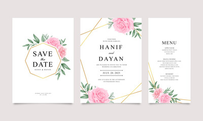 Wedding invitation card set with rose decoration and golden geometric frame