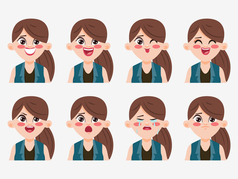 Character showing emotions face clip art woman.	