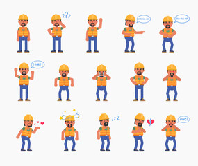 Construction worker showing various emotions. Builder crying, laughing, happy, tired, angry and showing other expressions. Modern vector illustration