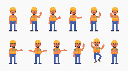 Cheerful construction worker showing various hand gestures. Builder with hard hat pointing, greeting, showing thumb up and other hand gestures. Modern vector illustration