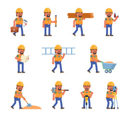 Set of construction workers showing various actions. Cheerful workman holding drill, jackhammer, ladder and other tools. Modern vector illustration