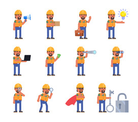 Construction worker in various situations. Cheerful builder holding megaphone, big key, laptop, idea and showing other actions. Modern vector illustration