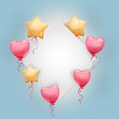 Kolorowe balony - serca i gwiazdki - i puste miejsce na tekst lub cytat. Niebieskie tło na urodziny, rocznice, ślub, gratulacje. Szablon do mediów społecznościowych. - obrazy, fototapety, plakaty