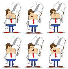 Simple retro cartoon of a businessman holds white flag of surrender. Professional finance employee white wearing shirt with red tie.