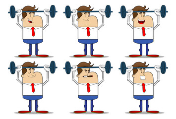 Obraz na płótnie Canvas Simple retro cartoon of a businessman weightlifter lifting barbell. Professional finance employee white wearing shirt with red tie.