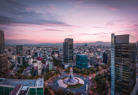 Aerial photo of Reforma street in Mexico City at sunset