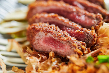 Gyukatsu, beef tempura and vegetables 