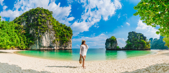 Panorama traveler woman on vacation beach joy nature scenic landscape Hong island Krabi, Attraction...