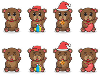 Vector Illustration of Cute sitting Bear cartoon with different costume. Set of cute little bear characters. Collection of funny little bear isolated on a white background.