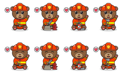 Vector Illustration of Cute sitting Bear cartoon hand up pose with Firefighter costume. Set of cute little bear characters. Collection of funny little bear isolated on a white background.