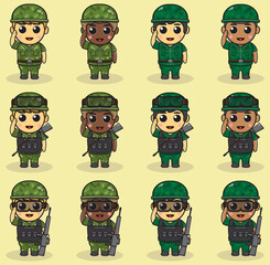Vector illustration of Cute Boy Army cartoon bundle with salute pose. flat boy cartoon character design. Soldiers Isolated vector illustration.