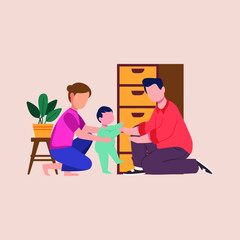 Happy family learning baby to walk. First kid's steps. Mom, dad playing with little child. Loving relationship and care. Children growth and development. Happy family moments. Vector illustration