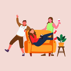 Group of student celebrate graduation  high school with drinking. Friends Company Leisure, Weekend Spare Time, Celebration. Vector Illustration.