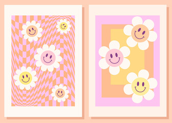 Happy hippie art prints. Abstract retro aesthetic backgrounds set with groovy daisy flowers. Vintage floral mid century art prints. 60s, 70s, 80s style. Danish pastel wall art.