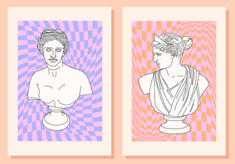 Abstract contemporary backgrounds set with classic antique marble woman goddess greek statue in modern style. Boho wall decor. Minimalist art print. Venus and Diana Portrait. Danish Pastel Aesthetics © Mystery Kit