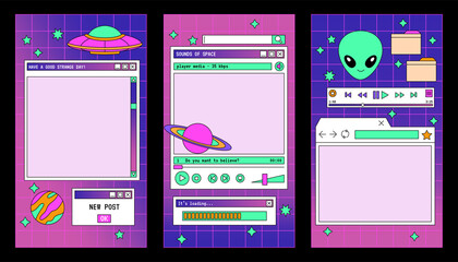 Linear vaporwave Ig stories templates. Social media set design. Abstract retro aesthetic groovy backgrounds pack 80s, 90s style. UFO, Alien, Space, stars, planets. Retro PC windows interface