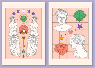 Art Posters set with Greek Goddess bust statue Aphrodite Venus. Boho modern wall decor. Minimalist mid century print. Antique greek sculpture. © Mystery Kit