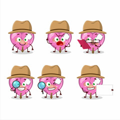 Detective pink broken heart love cute cartoon character holding magnifying glass