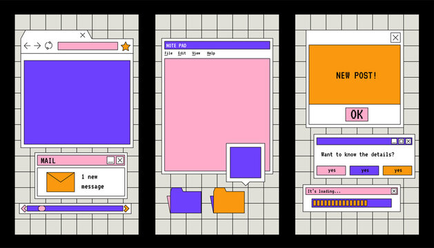 Linear vaporwave Ig stories templates. Social media set design. Abstract retro aesthetic groovy backgrounds pack 70s, 80s, 90s style. Retro PC windows interface