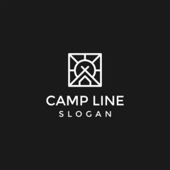 Vintage linear travel badge. Camping line art label concept.