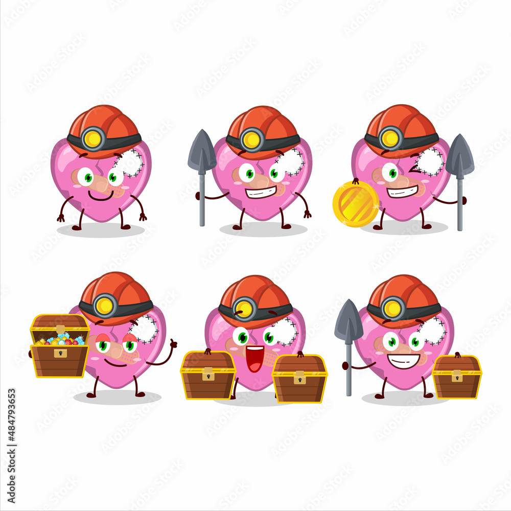 Poster miners pink broken heart love cute mascot character wearing helmet