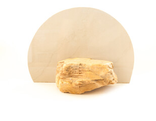 Stone pedestal,empty for display shelf,cosmetics, advertising  natural products.brownstone stage scene on 3D semicircular marble white background.Advertising and presentation,product  banner ,concept