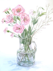 Watercolor painting of vase with bouquet of Turkish bellflowers