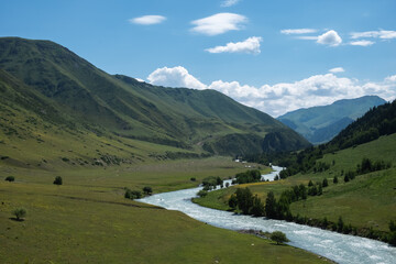 Koksu river gorge in Kazakhstan. Tourism, travel in Dzungarian Alatau concept.