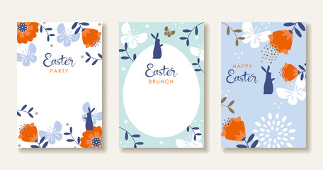 Fototapeta premium 3 Easter Card Set Flower And Rabbit Silhouette