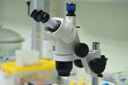 Nizhny Novgorod, Russia, Gagarin Avenue 23, Lobachevsky University. Light microscope with Zeiss optics in the laboratory of the university. . High