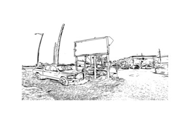 Building view with landmark of Marathon is the 
town in Greece. Hand drawn sketch illustration in vector.